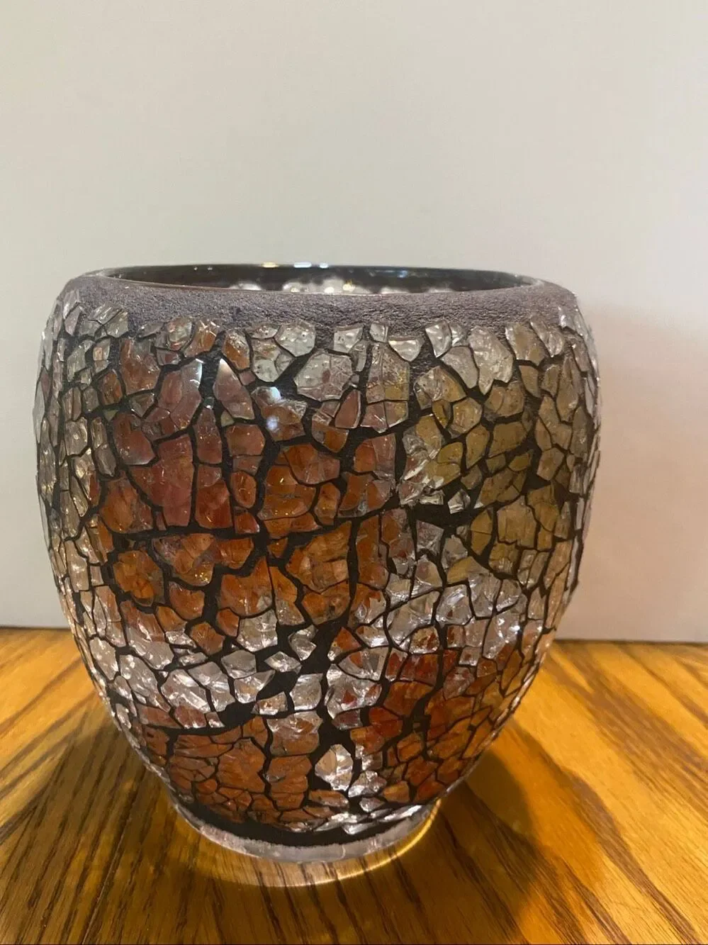 Artist Signed Mosaic Glass Vase Candle Holder Amber Silver Boho Art Decor